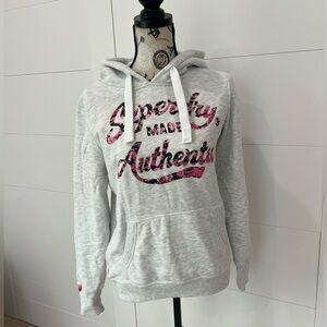 Superdry Light Grey Hoodie – Size Large – Pink Floral Logo